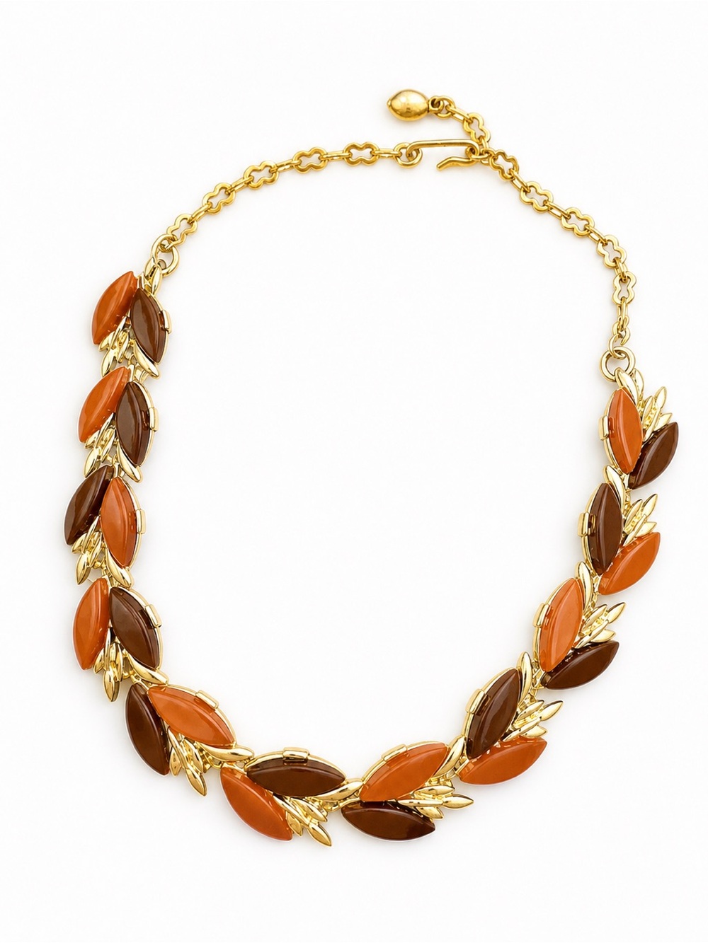 Vintage Gold Leaf Choker Necklace Brown Enamel Marquise Link Retro Statement 16”